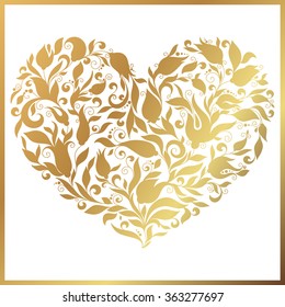 Gruß Gold Herzelemente für Design. Vektorgrafik. Helle Illustration, kann als Grußkarte verwendet werden, Einladungen für Hochzeit, Geburtstag, Valentinstag .Paisley Doodle Blumen Design.