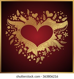 Greeting gold heart elements for design. Vector illustration. Bright illustration, can be used as greeting card, invitations for wedding, birthday, valentine's day .Paisley Doodle Flowers Design.