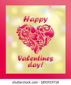 Greeting gold shining card for Valentines day with hot pink heart shape