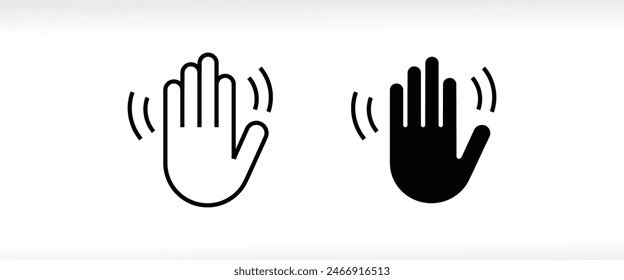 saludo o adiós. Icono de la onda de la mano, sensor de movimiento que ondea hi o hola, línea de adiós y conjunto de iconos planos, trazo editable aislado en blanco, ilustración lineal del contorno del Vector, logotipo del símbolo