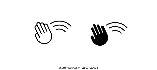 Saludo o adiós. Icono de la onda de la mano, sensor de movimiento que agita el hi o el hola, línea del adiós e iconos planos fijados, movimiento editable aislado en blanco, ilustración lineal del contorno del Vector, logotipo del símbolo