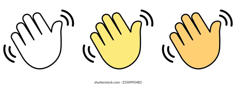 Greeting or goodbye. Human waving palm Hand wave icon, motion sensor Waving hi or hello, bye line and flat icons set. Vector illustration.