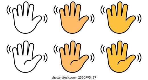 Greeting or goodbye. Human waving palm Hand wave icon, motion sensor Waving hi or hello, bye line and flat icons set. Vector illustration.