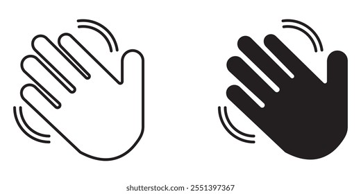 greeting or goodbye. Human waving palm Hand wave icon, motion sensor Waving hi or hello, bye line and flat icons set, editable stroke isolated on white, linear vector outline illustration, symbol logo