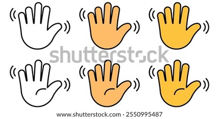 Greeting or goodbye. Human waving palm Hand wave icon, motion sensor Waving hi or hello, bye line and flat icons set. Vector illustration.