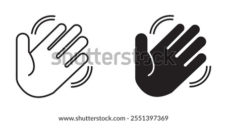 greeting or goodbye. Human waving palm Hand wave icon, motion sensor Waving hi or hello, bye line and flat icons set, editable stroke isolated on white, linear vector outline illustration, symbol logo