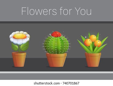 Greeting grateful invitation card template, illustration of magic flowers and plants in pots, florishing cactus, magic daisy, fruit berry plant.