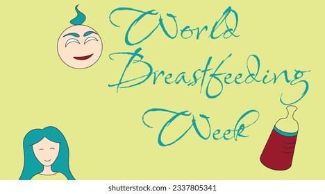 greeting with green background world breasfeeding day with illustration of baby head mom women and infant bottle drink