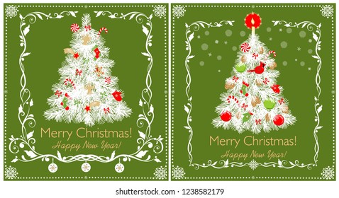 Greeting green cards for winter holiday with paper cutting Christmas white tree with red green toys, golden candle, angels, paper handmade snowflakes and decorative floral border - копия