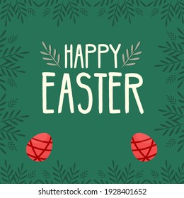 Tarjeta verde de pascua de bienvenida con huevos rojos y decoración de hojas