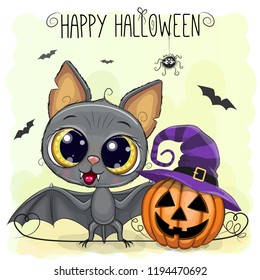 Greeting Halloween Card Cute Cartoon Bat with pumpkin