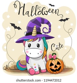 Greeting Halloween Card Cute Cartoon Unicorn with pumpkin