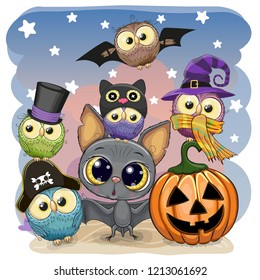 Greeting Halloween Card Cute Cartoon Bat with pumpkin and five owls