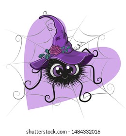 Greeting Halloween Card Cute Cartoon Spider with Witch hat