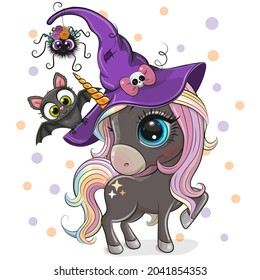 Greeting Halloween Card Cute Cartoon Unicorn with bat and spider