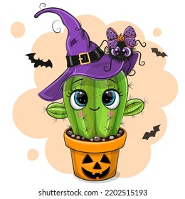 Greeting Halloween Card Cute Cartoon Cactus with spider