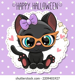 Tarjeta de saludo de Halloween Cute Cartoon gatito negro con gafas