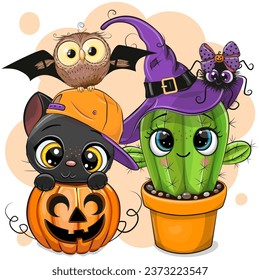 Greeting Halloween Card Cute Cartoon Cactus and black cat