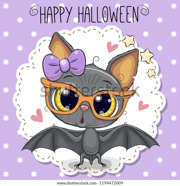 Greeting Halloween Card Cute Cartoon Bat With Glasses And Bow 4370