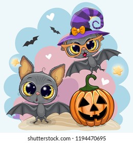 Greeting Halloween card with two cute bats