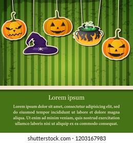 Greeting Halloween party abstract poster with paper hanging pumpkins witch hat and cauldron on green striped background vector illustration