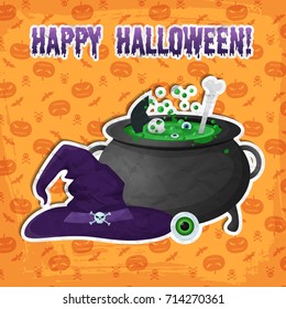 Greeting Halloween party template with inscription witch hat eye and magic potion boiling in cauldron stickers vector illustration