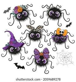 Greeting Halloween Set with Cute Cartoon Spider