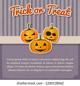 Greeting Halloween vintage template with paper inscription and traditional pumpkins with different emotions vector illustration