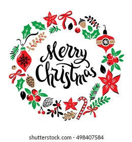 Greeting hand drawn card with Christmas wreath and Merry Christmas handwritten calligraphy. Vector illustration.