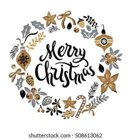 Greeting Hand Drawn Card With Christmas Wreath And Merry Christmas Handwritten Calligraphy. Vector Illustration.