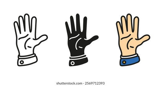 Greeting hand gesture icon. Human arm rising up vector illustration. Open palm showing stop symbol. Five fingers pictogram. Hand with suit concept.