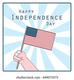 Greeting with hand holding the national flag of USA
