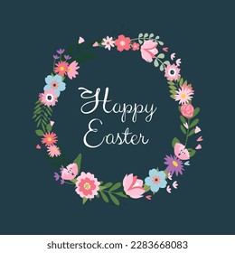 Greeting hand-write lettering -Happy Easter- with flower wreath. Vector design Easter illustration, poster, and greeting card.