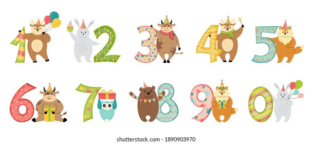 Greeting Happy Birthday animal with number cartoon set. Congratulate child birthday. Flat Deer and hare, bull owl and fox, bear. Hand drawn cartoon character in hat. Isolated vector illustration