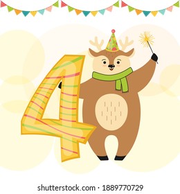 Greeting Happy Birthday card, Deer with sparkler and number four. Hand drawn reindeer cartoon character in hat. Congratulate child 7th birthday. Funny flat Animal Template Isolated vector illustration