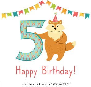 Greeting Happy Birthday card, Fox with number five. Hand drawn red fox cartoon character in hat. Congratulate child 5th birthday. Funny flat Animal Template Isolated vector illustration