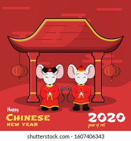 greeting happy chinese new year with rat cartoon character and pagoda in red background