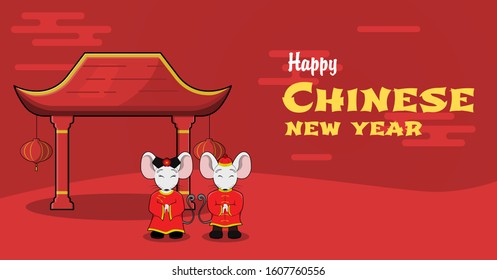 greeting happy chinese new year with rat cartoon character and pagoda in red background