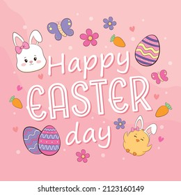 Saludo Feliz Día de Pascua, banner con huevos y conejito