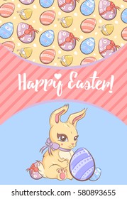 Greeting Happy Easter template with inscription cute bunny and ornate colorful eggs in cartoon style vector illustration