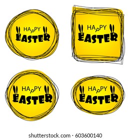 Greeting Happy Easter from ugly monsters funny rabbits. Lettering Happy Easter. Silhouette of Bunny with long ears. Funny yellow party invitation. Greeting. Yellow vector illustration.