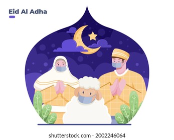 Greeting happy eid al adha flat illustration with muslim person wearing face mask to prevent covid-19 virus or coronavirus. Eid al adha stay safe in pandemic. Suitable for banner, poster, web.