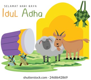 greeting happy eid al adha mubarak with illustration of animal goat and sheep sacrificial