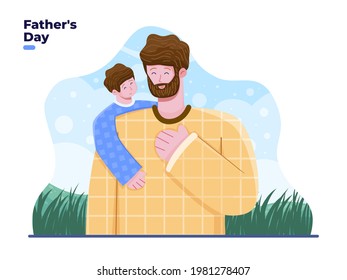 Greeting Happy Father's Day illustration. Cartoon father and son hugging together. Father and son hugging warmly and lovingly. Suitable for greeting card, banner, poster, invitation, postcard.