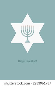 Greeting happy Hanukkah card with Jewish star of David, Menorah and candles. Pastel colors. Vintage, retro. Can be used for cards, invitation, border. Isolated vector illustration.