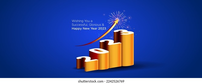 Greeting of Happy New Year 2023. Wishing for successful business and life. Happy new year 2023 3d numbers with upward stairs steps and growth on blue background.