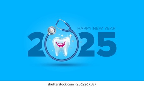 Greeting for Happy New Year 2025. Happy teeth with doctor stethoscope, dental clinic, health care concept.