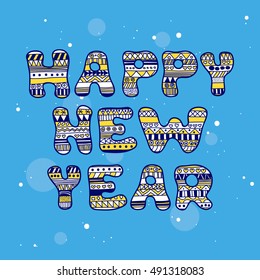 The greeting "happy New year". Vector. Bright letters, hand-painted, on a blue background. Doodle.