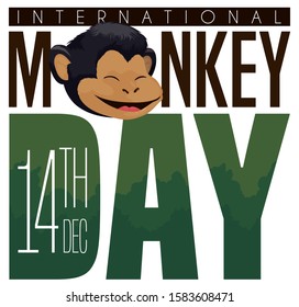 Greeting with happy, smiling chimp face and forest inside the text to celebrate International Monkey Day this 14th December.