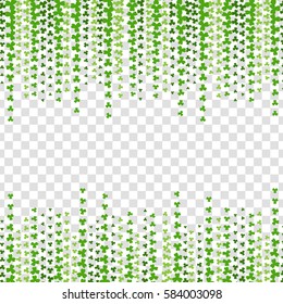 Greeting happy St. Patrick's day. Green clover random falling on transparent background. Vector illustration. Irish sign and symbol of luck